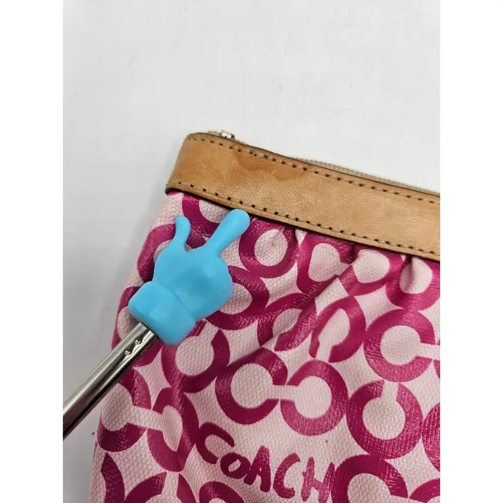 Coach Leah Opt Art Pink Coated Canvas Tan Leather Cosmetic Toiletry Make-up Bag‎
